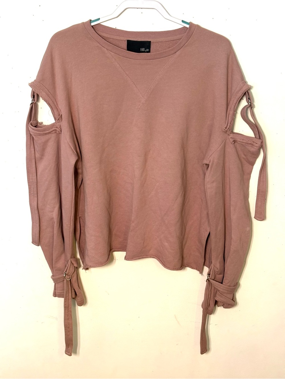 Fate by Lft Dusty Mauve Cold Shoulder Tie-Sleeve Sweatshirt. Size L. EUC.